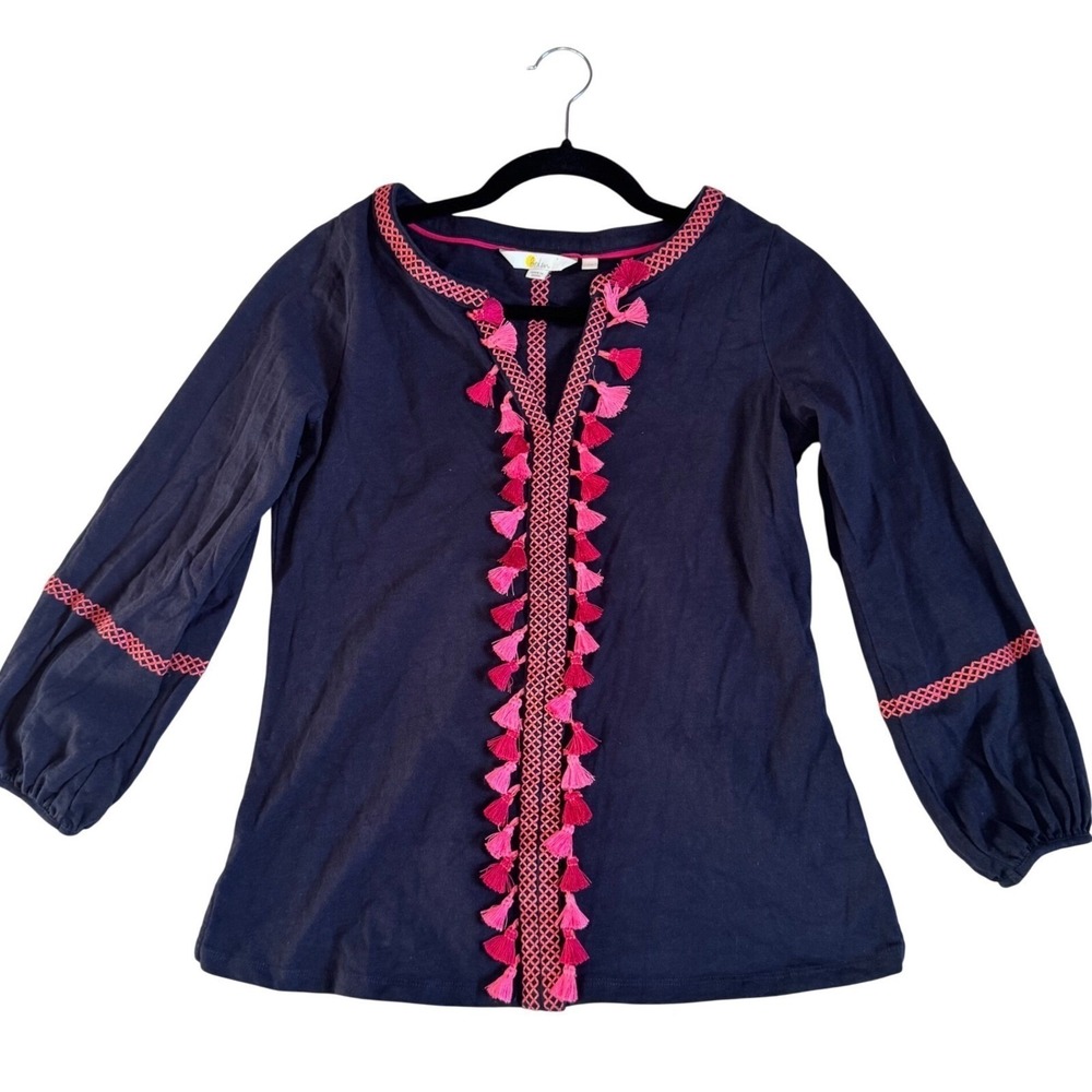 Boden‎ Women's Blouse XS Bohemian Tassels Fringe Pink Artsy Embroidered
